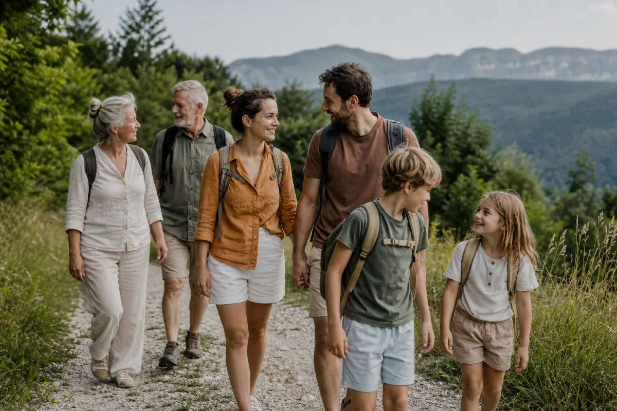 Večgeneracijska družina med skupnim pohodom na lahki poti v sončnem dnevu