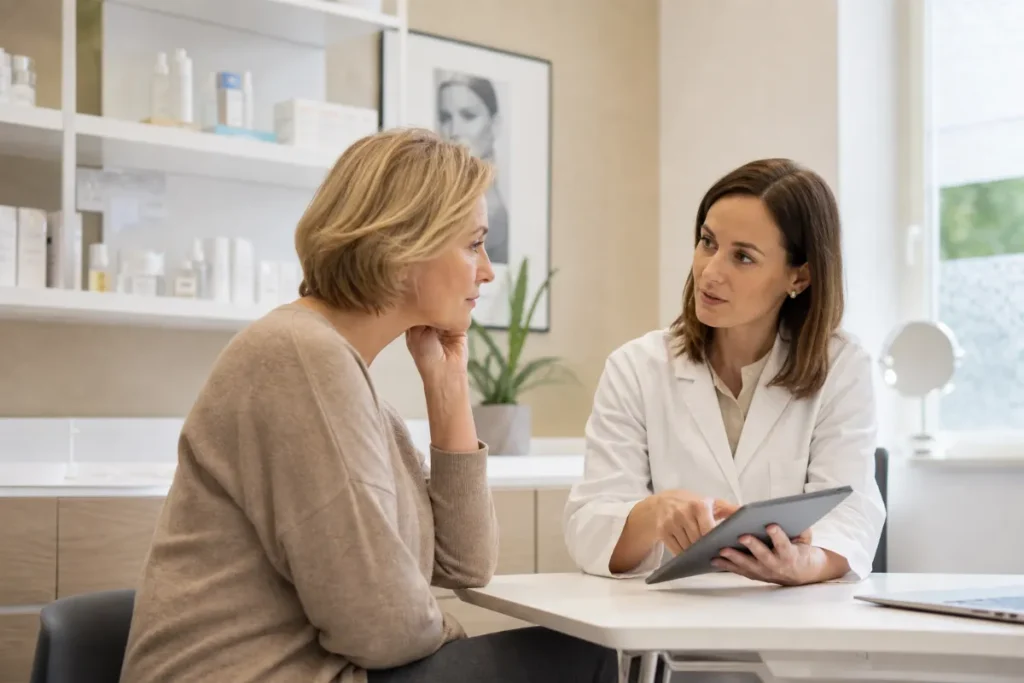 Pacient med mirnim posvetom z dermatologom v čisti sodobni estetski kliniki