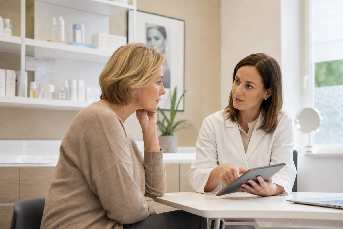 Pacient med mirnim posvetom z dermatologom v čisti sodobni estetski kliniki