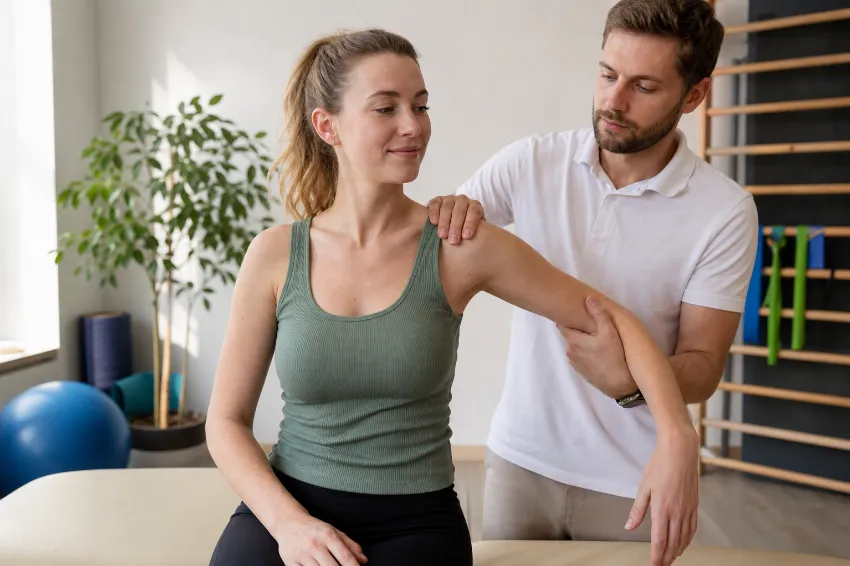 Oseba na pregledu pri fizioterapevtu, ki ocenjuje ramo v svetlem kliničnem okolju